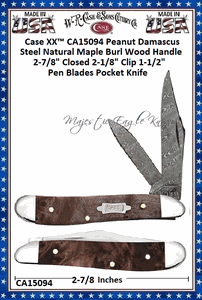 W.R. Case & Sons Cutlery CA15094 Case XX� Peanut Damascus Steel Natural Maple Burl Wood Handle 2-7/8" Closed 2-1/8" Clip 1-1/2" Pen Blades Pocket Knife