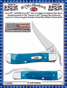 W.R. Case & Sons Cutlery CA25589 Case XX� Case XX� Saw Cut Jigged Caribbean Blue Bone Handle Russlock 4-1/8" Closed 2-3/4" Locking Clip (w/thumb Lever) Tru-Sharp Surgical Stainless Steel Plain Blade, Pocket Knife 