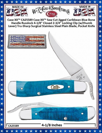 W.R. Case & Sons Cutlery CA25589 Case XX� Case XX� Saw Cut Jigged Caribbean Blue Bone Handle Russlock 4-1/8" Closed 2-3/4" Locking Clip (w/thumb Lever) Tru-Sharp Surgical Stainless Steel Plain Blade, Pocket Knife 