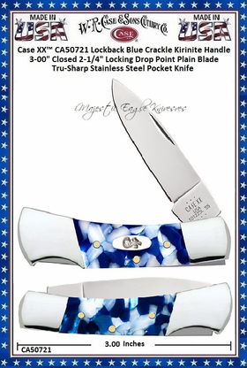 W.R. Case & Sons Cutlery CA50721 Case XX� Lockback Blue Crackle Kirinite Handle 3" Closed 2-1/4" Locking Drop Point Plain Blade Tru-Sharp Stainless Steel Pocket Knife
