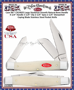 W.R. Case & Sons Cutlery CA14025 Case XX™ Large Stockman Smooth Natural Bone Handle 4-1/4" Handle 3-1/4" Clip 2-1/4" Spey 2-1/4" Sheepsfoot Coping Blade Stainless Steel Pocket Knife W.R. Case & Sons Cutlery CA14025 Case XX™ Large Stockman Smooth Natural Bone Handle 4-1/4" Handle 3-1/4" Clip 2-1/4" Spey 2-1/4" Sheepsfoot Coping Blade Stainless Steel Pocket Knife