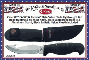 W.R. Case & Sons Cutlery CA532 Case 4" Sabre Gut Hook Blade Lightweight Outdoor & Hunting Knife Black Zytel Synthetic Handle & Black Nylon Belt Sheath