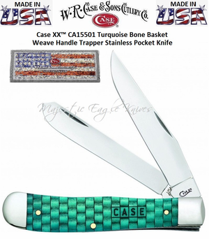 W.R. Case & Son's Cutlery CA15501 Case 4 1/8" Mirror-Polished Tru-Sharp Surgical Steel Clip and Spey Plain Blades Smooth Natural Bone w/Turquoise Color Wash Handle Large Trapper Pocket Knife 