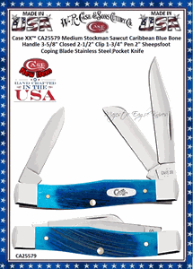 W.R. Case & Sons Cutlery CA25579  Case XX� Medium Stockman Sawcut Caribbean Blue Bone Handle 3-5/8" Closed 2-1/2" Clip 1-3/4" Pen 2" Sheepsfoot Coping Blade Stainless Steel Pocket Knife