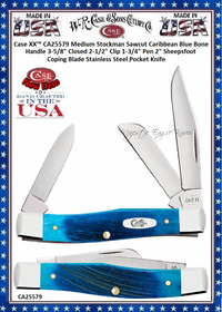W.R. Case & Sons Cutlery CA25579  Case XX� Medium Stockman Sawcut Caribbean Blue Bone Handle 3-5/8" Closed 2-1/2" Clip 1-3/4" Pen 2" Sheepsfoot Coping Blade Stainless Steel Pocket Knife