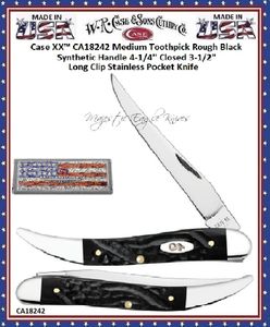 W.R. Case & Sons Cutlery CA18242 Case XX� Medium Toothpick Rough Black Synthetic Handle 4-1/4" Closed 3-1/2" Long Clip Stainless Pocket Knife