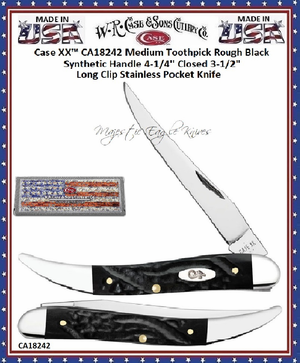 W.R. Case & Sons Cutlery CA18242 Case XX� Medium Toothpick Rough Black Synthetic Handle 4-1/4" Closed 3-1/2" Long Clip Stainless Pocket Knife