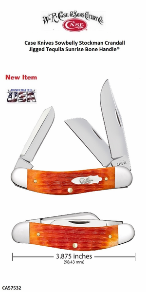 W.R. Case-Sons Cutlery CA57532 Case XX� Sowbelly Stockman Crandall Jig Tequila Sunrise Bone Handle 3-7/8" Closed 2-3/4" Clip Point 2-1/4"  Spey 2-1/4" Sheepsfoot Coping Blade Stainless Steel Pocket Knife 