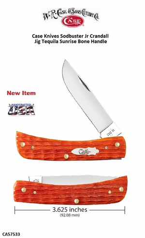 W.R. Case-Sons Cutlery CA57533 Case XX™ Sodbuster Jr Crandall Jig Tequila Sunrise Bone Handle 3-3/4" Closed 2-7/8" Skinner Blade Stainless Steel Pocket Knife W.R. Case-Sons Cutlery CA57533 Case XX™ Sodbuster Jr Crandall Jig Tequila Sunrise Bone Handle 3-3/4" Closed 2-7/8" Skinner Blade Stainless Steel Pocket Knife