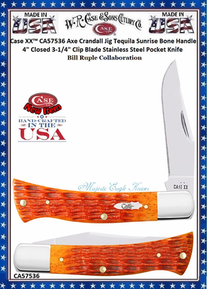 W.R. Case-Sons Cutlery CA57536 Case XX™ Axe Crandall Jig Tequila Sunrise Bone Handle 4" Closed 3-1/4" Clip Blade Stainless Steel Pocket Knife W.R. Case-Sons Cutlery CA57536 Case XX™ Axe Crandall Jig Tequila Sunrise Bone Handle 4" Closed 3-1/4" Clip Blade Stainless Steel Pocket Knife