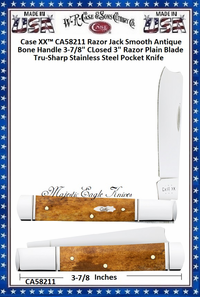 W.R. Case-Sons Cutlery CA58211 Case XX� Razor Jack Smooth Antique Bone Handle 3-7/8" CLosed 3" Razor Plain Blade Tru-Sharp Stainless Steel Pocket Knife