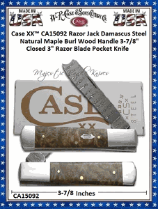 W.R. Case & Sons Cutlery CA15092 Case XX� Razor Jack Damascus Steel Natural Maple Burl Wood Handle 3-7/8" Closed 3" Razor Blade Pocket Knife