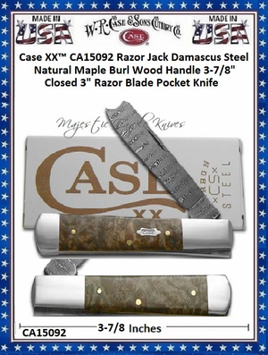 W.R. Case & Sons Cutlery CA15092 Case XX� Razor Jack Damascus Steel Natural Maple Burl Wood Handle 3-7/8" Closed 3" Razor Blade Pocket Knife