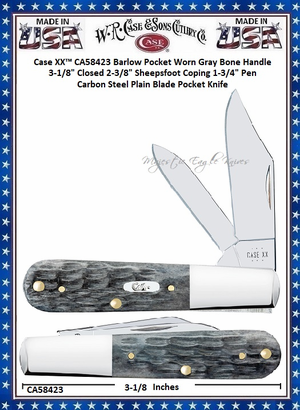 W.R. Case & Sons Cutlery CA58423 Case XX� Barlow Pocket Worn Gray Bone Handle 2-3/8" Sheepsfoot Coping 1-3/4" Pen Carbon Steel Plain Blade Pocket Knife