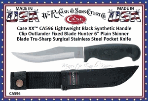W.R. Case & Sons Cutlery CA596 Case XX� Lightweight Black Synthetic Handle Clip Outlander Fixed Blade Hunter 6" Plain Skinner Blade Tru-Sharp Surgical Stainless Steel Pocket Knife