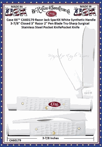 W.R. Case & Sons Cutlery CA60179 Razor Case XX� Jack SparXX White Synthetic Handle 3-7/8" Closed 3" Razor Blade 2" Pen Blade Tru-Sharp Surgical Stainless Steel Pocket Knife