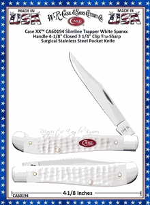 W.R. Case & Sons Cutlery CA60194 Case XX� Slimline Trapper White SparXX Handle 4-1/8" Closed 3 1/4" Clip Tru-Sharp Surgical Stainless Steel Pocket Knife