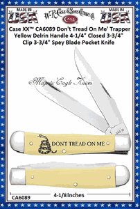 W.R. Case & Sons Cutlery CA6089 Case XX� Don't Tread On Me' Trapper Yellow Delrin Handle 4-1/4" Closed 3-3/4" Clip 3-3/4" Spey Blade Pocket Knife