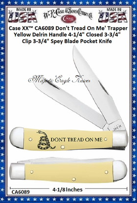 W.R. Case & Sons Cutlery CA6089 Case XX™ Don't Tread On Me' Trapper Yellow Delrin Handle 4-1/4" Closed 3-3/4" Clip 3-3/4" Spey Blade Pocket Knife W.R. Case & Sons Cutlery CA6089 Case XX™ Don't Tread On Me' Trapper Yellow Delrin Handle 4-1/4" Closed 3-3/4" Clip 3-3/4" Spey Blade Pocket Knife