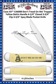 W.R. Case & Sons Cutlery CA6089 Case XX™ Don't Tread On Me' Trapper Yellow Delrin Handle 4-1/4" Closed 3-3/4" Clip 3-3/4" Spey Blade Pocket Knife W.R. Case & Sons Cutlery CA6089 Case XX™ Don't Tread On Me' Trapper Yellow Delrin Handle 4-1/4" Closed 3-3/4" Clip 3-3/4" Spey Blade Pocket Knife