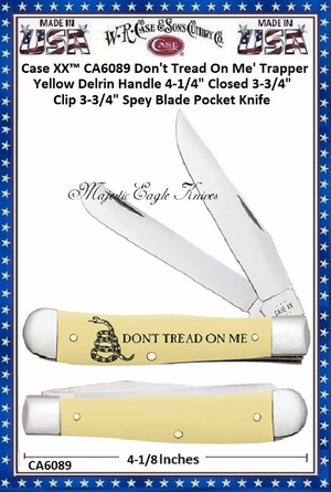 W.R. Case & Sons Cutlery CA6089 Case XX� Don't Tread On Me' Trapper Yellow Delrin Handle 4-1/4" Closed 3-3/4" Clip 3-3/4" Spey Blade Pocket Knife
