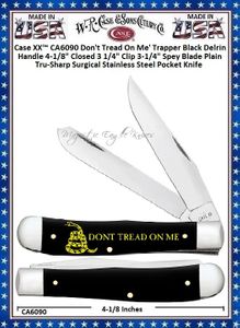 W.R. Case & Sons Cutlery CA6090 Case XX Don't Tread On Me' Trapper Black Delrin Handle 4-1/8" Closed 3 1/4" Clip 3-1/4" Spey Blade Plain Tru-Sharp Surgical Stainless Steel Pocket Knife
