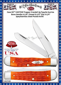 W.R. Case-Sons Cutlery CA57530 Case XX™ Trapper Crandall Jig Tequila Sunrise Bone Handle 4-1/8" Closed 3-1/4" Clip 3-1/4" Spey Stainless Steel Pocket Knife W.R. Case-Sons Cutlery CA57530 Case XX™ Trapper Crandall Jig Tequila Sunrise Bone Handle 4-1/8" Closed 3-1/4" Clip 3-1/4" Spey Stainless Steel Pocket Knife