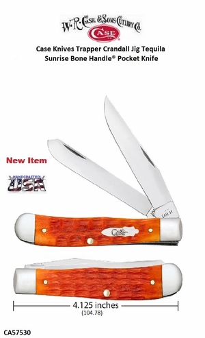W.R. Case-Sons Cutlery CA57530 Case XX� Trapper Crandall Jig Tequila Sunrise Bone Handle 4-1/8" Closed 3-1/4" Clip 3-1/4" Spey Stainless Steel Pocket Knife 