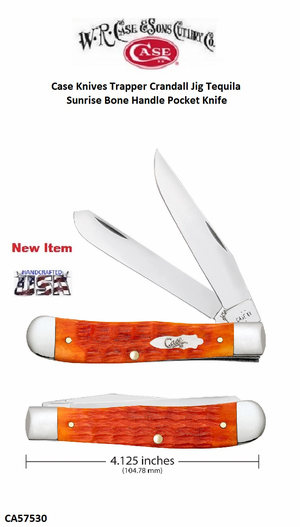 W.R. Case-Sons Cutlery CA57530 Case XX™ Trapper Crandall Jig Tequila Sunrise Bone Handle 4-1/8" Closed 3-1/4" Clip 3-1/4" Spey Stainless Steel Pocket Knife W.R. Case-Sons Cutlery CA57530 Case XX™ Trapper Crandall Jig Tequila Sunrise Bone Handle 4-1/8" Closed 3-1/4" Clip 3-1/4" Spey Stainless Steel Pocket Knife