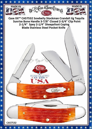 W.R. Case-Sons Cutlery CA57532 Case XX™ Sowbelly Stockman Crandall Jig Tequila Sunrise Bone Handle 3-7/8" Closed 2-3/4" Clip Point 2-1/4" Spey 2-1/4" Sheepsfoot Coping Blade Stainless Steel Pocket Knife W.R. Case-Sons Cutlery CA57532 Case XX™ Sowbelly Stockman Crandall Jig Tequila Sunrise Bone Handle 3-7/8" Closed 2-3/4" Clip Point 2-1/4" Spey 2-1/4" Sheepsfoot Coping Blade Stainless Steel Pocket Knife