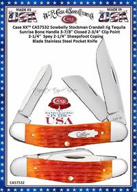 W.R. Case-Sons Cutlery CA57532 Case XX™ Sowbelly Stockman Crandall Jig Tequila Sunrise Bone Handle 3-7/8" Closed 2-3/4" Clip Point 2-1/4" Spey 2-1/4" Sheepsfoot Coping Blade Stainless Steel Pocket Knife W.R. Case-Sons Cutlery CA57532 Case XX™ Sowbelly Stockman Crandall Jig Tequila Sunrise Bone Handle 3-7/8" Closed 2-3/4" Clip Point 2-1/4" Spey 2-1/4" Sheepsfoot Coping Blade Stainless Steel Pocket Knife