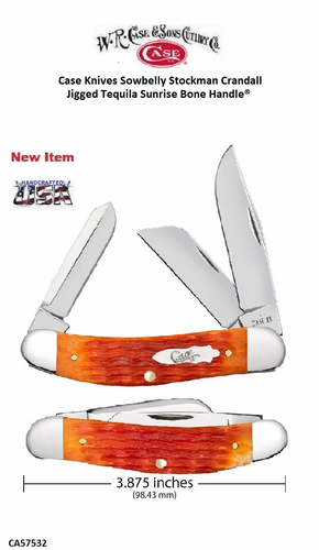 W.R. Case-Sons Cutlery CA57532 Case XX� Sowbelly Stockman Crandall Jig Tequila Sunrise Bone Handle 3-7/8" Closed 2-3/4" Clip Point 2-1/4"  Spey 2-1/4" Sheepsfoot Coping Blade Stainless Steel Pocket Knife 