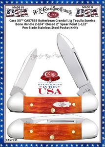 W.R. Case-Sons Cutlery CA57535 Case XX� Butterbean Crandall Jig Tequila Sunrise Bone Handle 2-3/4" Closed 2" Spear Point 1-1/2" Pen Blade Stainless Steel Pocket Knife