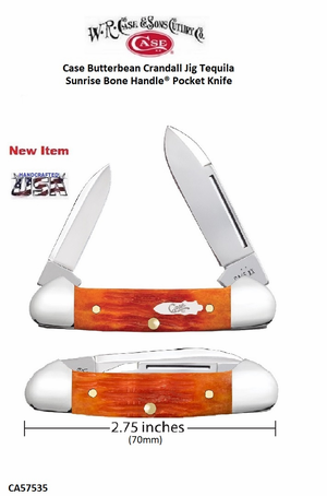W.R. Case-Sons Cutlery CA57535 Case XX� Butterbean Crandall Jig Tequila Sunrise Bone Handle 2-3/4" Closed 2" Spear Point 1-1/2" Pen Blade Stainless Steel Pocket Knife