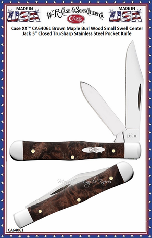 W.R. Case & Sons Cutlery CA64061 Case XX� Brown Maple Burl Wood Small Swell Center Jack 3" Closed Tru-Sharp Stainless Steel Pocket Knife 