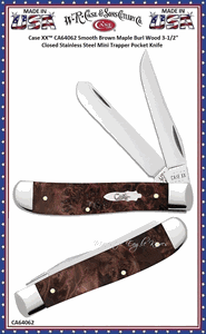W.R. Case & Sons Cutlery CA64062 Case XX� Smooth Brown Maple Burl Wood 3-1/2" Closed Stainless Steel Mini Trapper Pocket Knife 