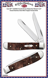 W.R. Case & Sons Cutlery CA64062 Case XX� Smooth Brown Maple Burl Wood 3-1/2" Closed Stainless Steel Mini Trapper Pocket Knife 