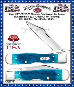 W.R. Case & Sons Cutlery CA25578 Case XX� Cheetah Cub Sawcut Caribbean Blue Bone Handle 3-1/2 Closed 2-3/4" Locking Clip Stainless Steel Pocket Knife