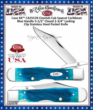 W.R. Case & Sons Cutlery CA25578 Case XX™ Cheetah Cub Sawcut Caribbean Blue Bone Handle 3-1/2 Closed 2-3/4" Locking Clip Stainless Steel Pocket Knife W.R. Case & Sons Cutlery CA25578 Case XX™ Cheetah Cub Sawcut Caribbean Blue Bone Handle 3-1/2 Closed 2-3/4" Locking Clip Stainless Steel Pocket Knife