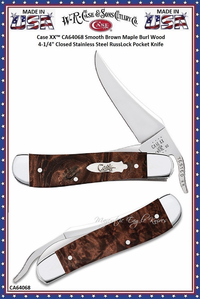 W.R. Case & Sons Cutlery CA64068 Case XX� Smooth Brown Maple Burl Wood 4-1/4" Closed Tru-Sharp Stainless Steel RussLock Pocket Knife