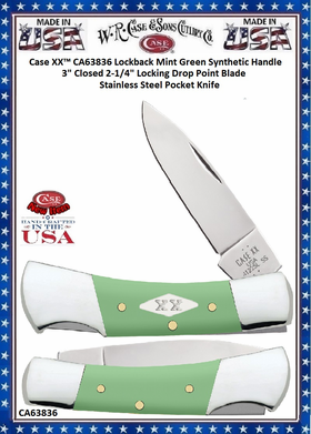 W.R. Case & Sons Cutlery CA63836 Case XX™ Lockback Mint Green Synthetic Handle 3" Closed 2-1/4" Locking Drop Point Blade Stainless Steel Pocket Knife W.R. Case & Sons Cutlery CA63836 Case XX™ Lockback Mint Green Synthetic Handle 3" Closed 2-1/4" Locking Drop Point Blade Stainless Steel Pocket Knife