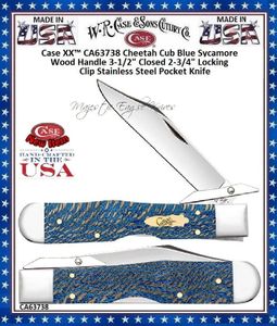 W.R. Case & Sons Cutlery CA63738 Case XX� Cheetah Cub Blue Sycamore Wood Handle 3-1/2" Closed 2-3/4" Locking Clip Stainless Steel Pocket Knife