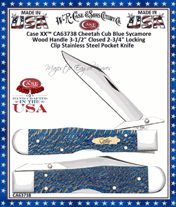 W.R. Case & Sons Cutlery CA63738 Case XX� Cheetah Cub Blue Sycamore Wood Handle 3-1/2" Closed 2-3/4" Locking Clip Stainless Steel Pocket Knife