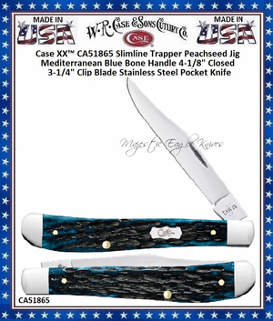 W.R. Case & Sons Cutlery CA51865 Case XX� Slimline Trapper Peachseed Jig Mediterranean Blue Bone Handle 4-1/8" Closed 3-1/4" Clip Blade Stainless Steel Pocket Knife