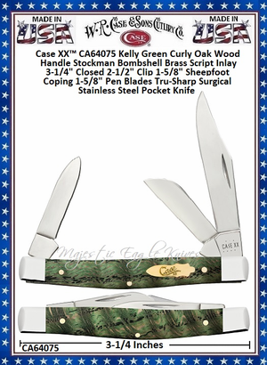 W.R. Case & Sons Cutlery CA64075 Case XX� Kelly Green Curly Oak Wood Handle Stockman Bombshell Brass Script Inlay 3-1/4" Closed 2-1/2" Clip 1-5/8" Sheepfoot Coping 1-5/8" Pen Blades Tru-Sharp Surgical Stainless Steel Pocket Knife