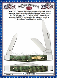 W.R. Case & Sons Cutlery CA64075 Case XX� Kelly Green Curly Oak Wood Handle Stockman Bombshell Brass Script Inlay 3-1/4" Closed 2-1/2" Clip 1-5/8" Sheepfoot Coping 1-5/8" Pen Blades Tru-Sharp Surgical Stainless Steel Pocket Knife