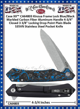 W.R. Case & Sons Cutlery CA64803 Case XX� Kinzua Frame Lock Blue Carbon Fiber S35VN Steel Handle 4-3/4" Cosed 3 3/8" Locking Drop Point Pocket Knife 