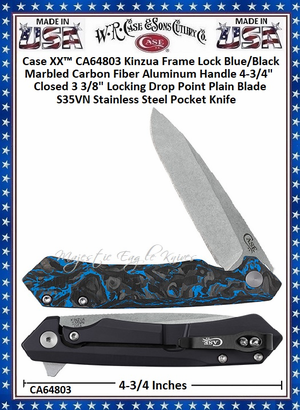 W.R. Case & Sons Cutlery CA64803 Case XX� Kinzua Frame Lock Blue Carbon Fiber S35VN Steel Handle 4-3/4" Cosed 3 3/8" Locking Drop Point Pocket Knife 