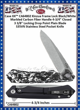 W.R. Case & Sons Cutlery CA64802 Case XX™ Kinzua Frame Lock White & Black Carbon Fiber S35VN Handle 4-3/4" Closed 3-3/8" Locking Drop Point Pocket Knife W.R. Case & Sons Cutlery CA64802 Case XX™ Kinzua Frame Lock White & Black Carbon Fiber S35VN Handle 4-3/4" Closed 3-3/8" Locking Drop Point Pocket Knife