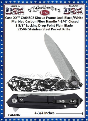 W.R. Case & Sons Cutlery CA64802 Case XX™ Kinzua Frame Lock White & Black Carbon Fiber S35VN Handle 4-3/4" Closed 3-3/8" Locking Drop Point Pocket Knife W.R. Case & Sons Cutlery CA64802 Case XX™ Kinzua Frame Lock White & Black Carbon Fiber S35VN Handle 4-3/4" Closed 3-3/8" Locking Drop Point Pocket Knife